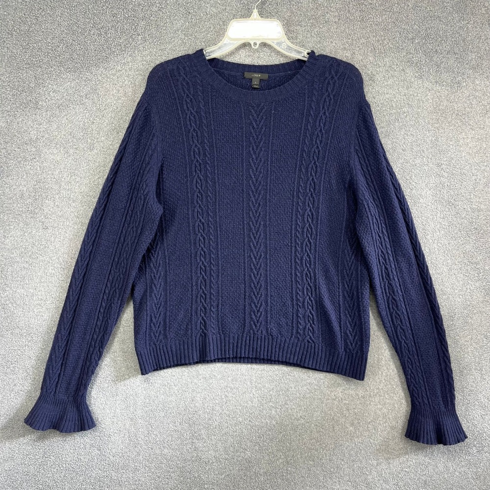 J Crew Navy Blue Cable Knit Sweater Crew Neck‎ Long Sleeve Women's Size L